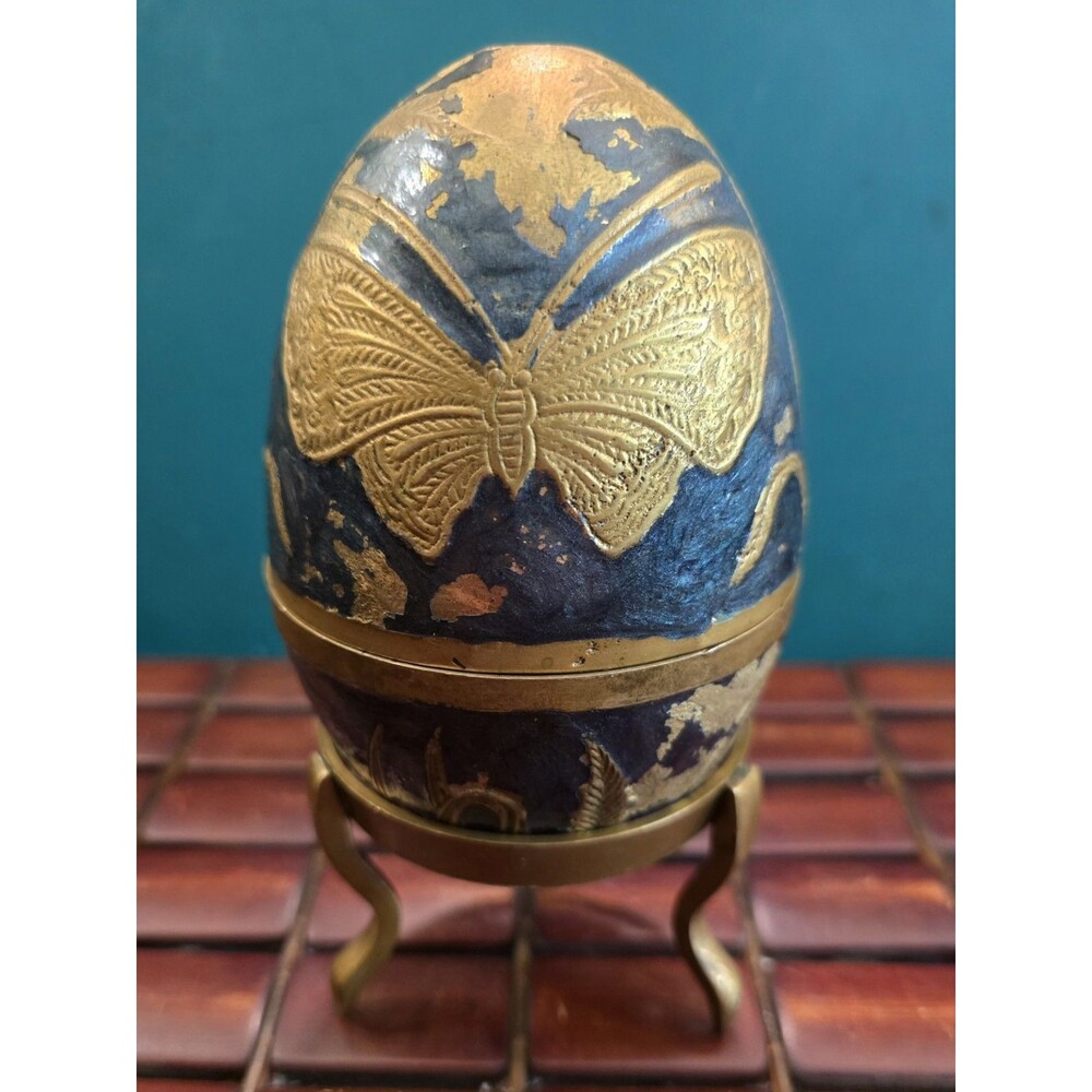 Brass Egg With Butterflys & Stand Vintage Trinket Jewelry Box